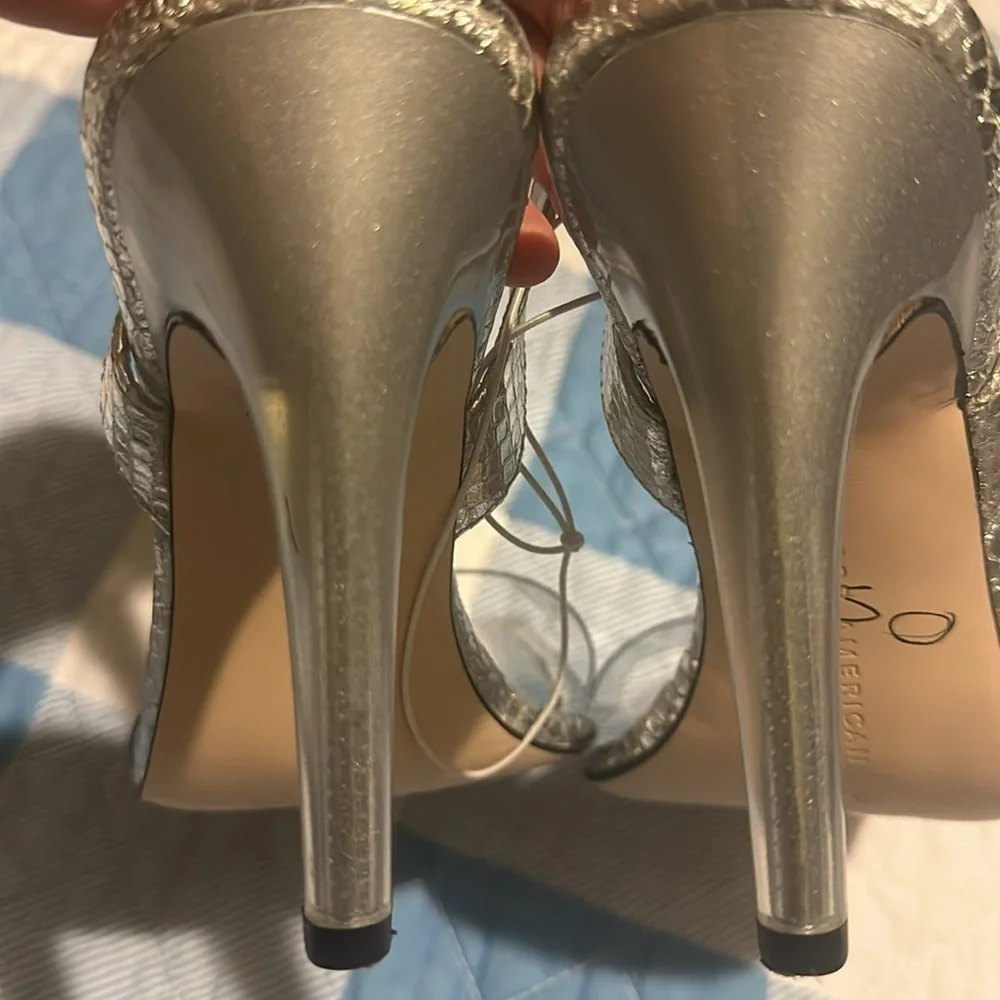 NEW Good American Open Square Toe Heels Silver Snake size 9.5